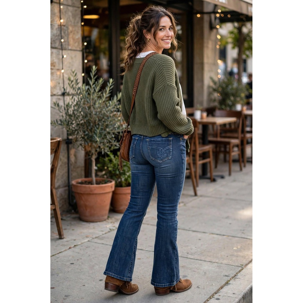 Lee Boot Cut Low Waist Jeans Womens 12 Med-Dark Blue Fleur-de-lis Pockets